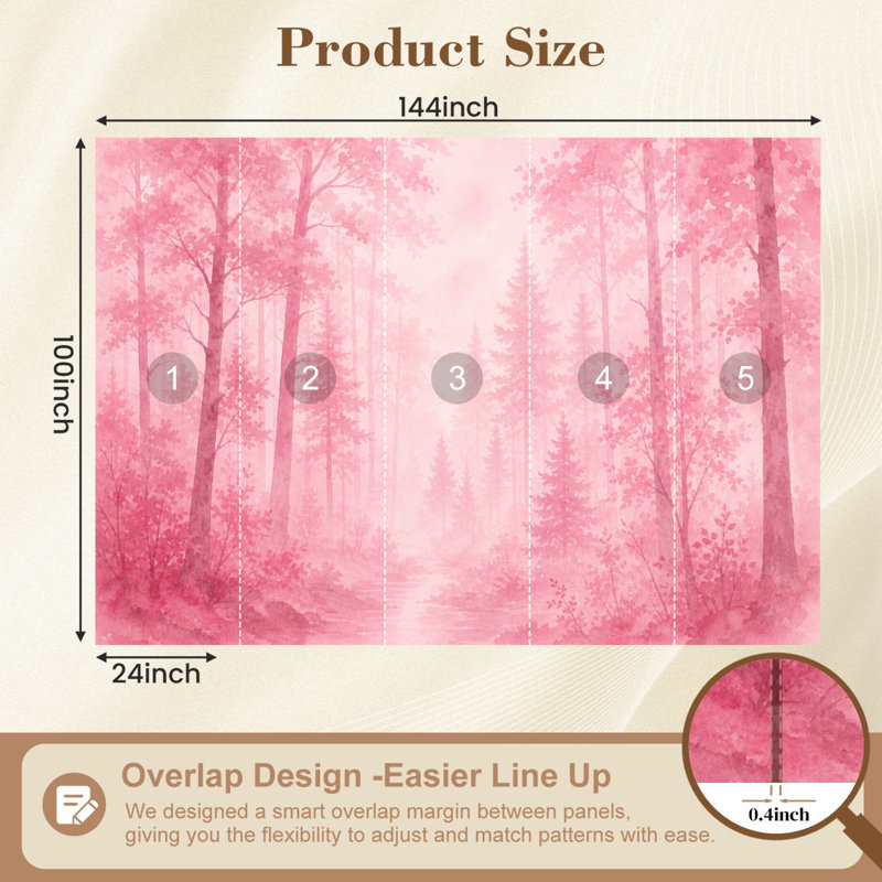 Papier peint adhésif à motif d'aquarelle rose, paysage de forêt, grands arbres, subtile brume, H 100 po x l 144 po, papier peint auto-adhésif pour chambre à coucher