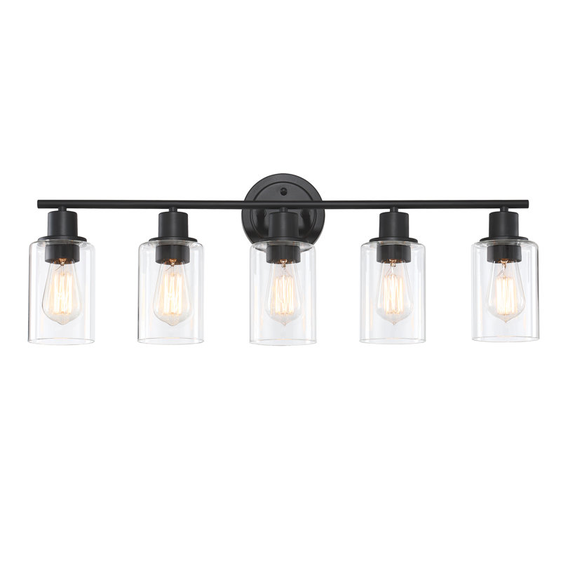 Luminaire pour meuble-lavabo 5 lumières bronze huilé avec abat-jour en verre transparent, Noir mat