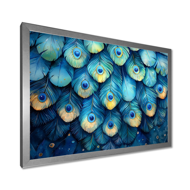 Peacock Feather Collage - art mural oiseau, Argent argent, Cadre flottant, H 16 po x l 32 po