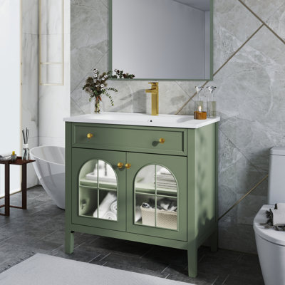 35.6" Mid-Century Bathroom Vanity Sink with Patterned Glass and Motion-sensor Light Strip