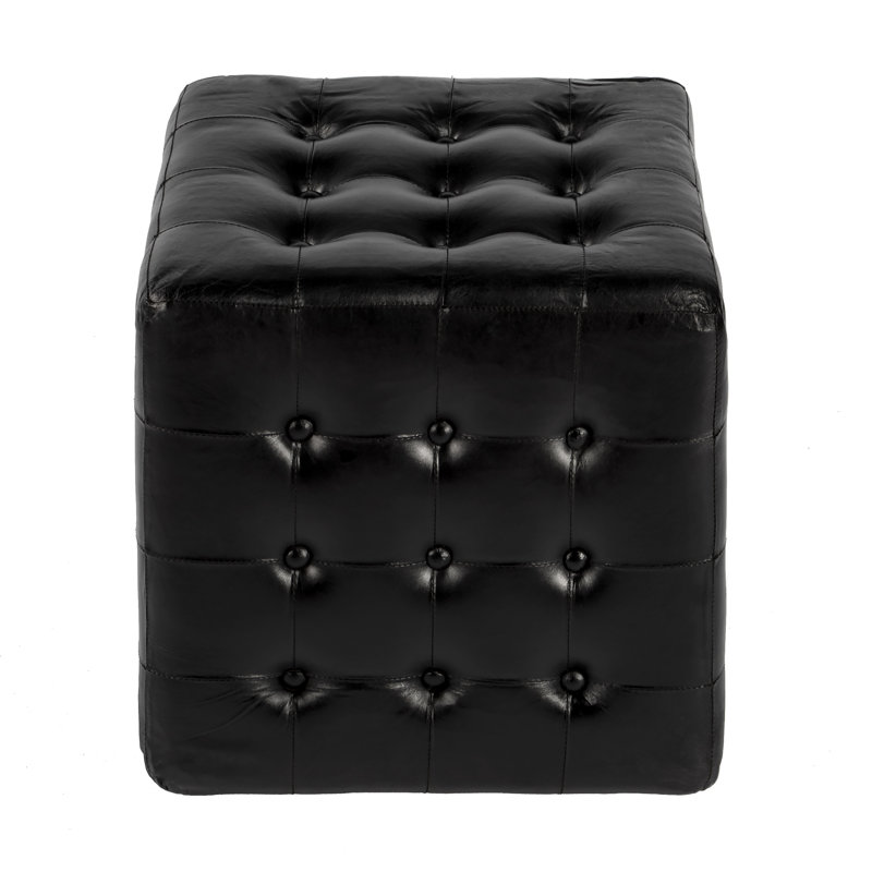 Elgin 18" Wide Genuine Leather Tufted Square Cube Ottoman, Black Genuine Leather