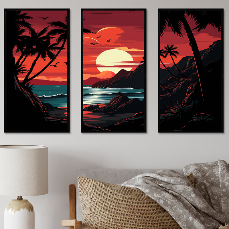 Coucher de soleil rouge audacieux paysage - coucher de soleil côtier, art mural, Cadre flottant noir
