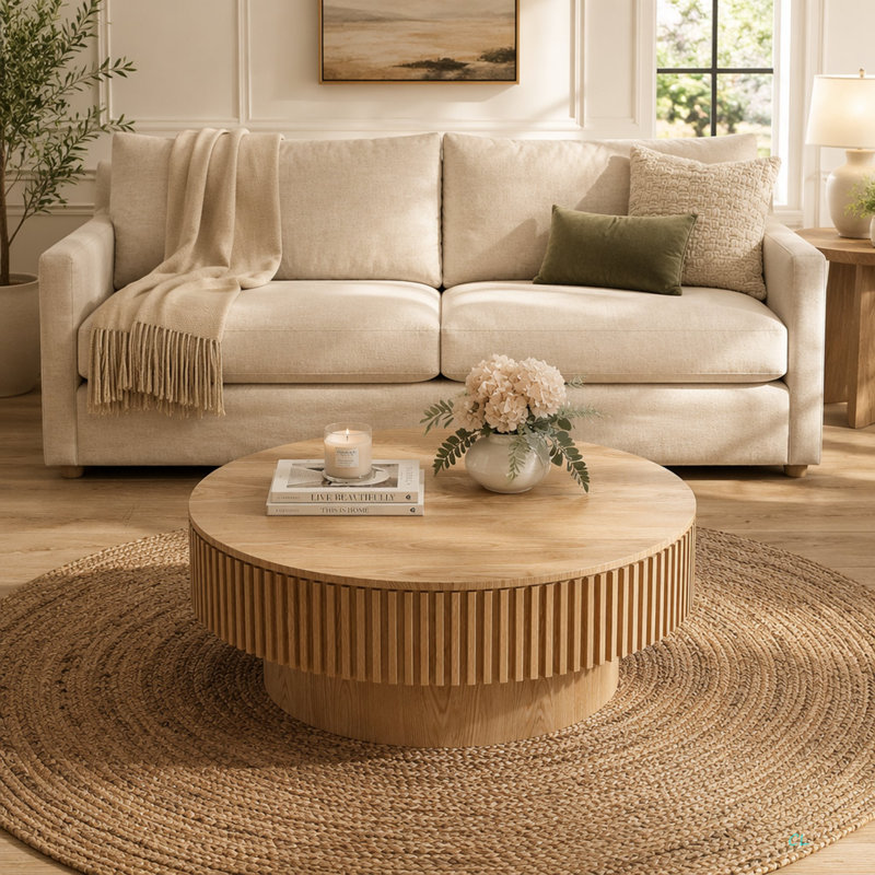 Round Coffee Table For Living Room, Natural Wood, 14" H x 31.5" L x 31.5" W