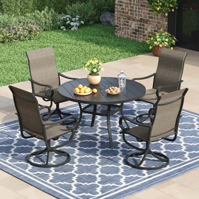 Outdoor Patio Dining Set - 41.7” Round Table with Umbrella Hole & Storage Shelf + 4 Swivel Chairs by Red Barrel Studio