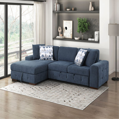 2-Piece Sectional with Left Chaise Storage Pull out Bed Tufted Chenille Fabric Solid Wood Living Room Furniture