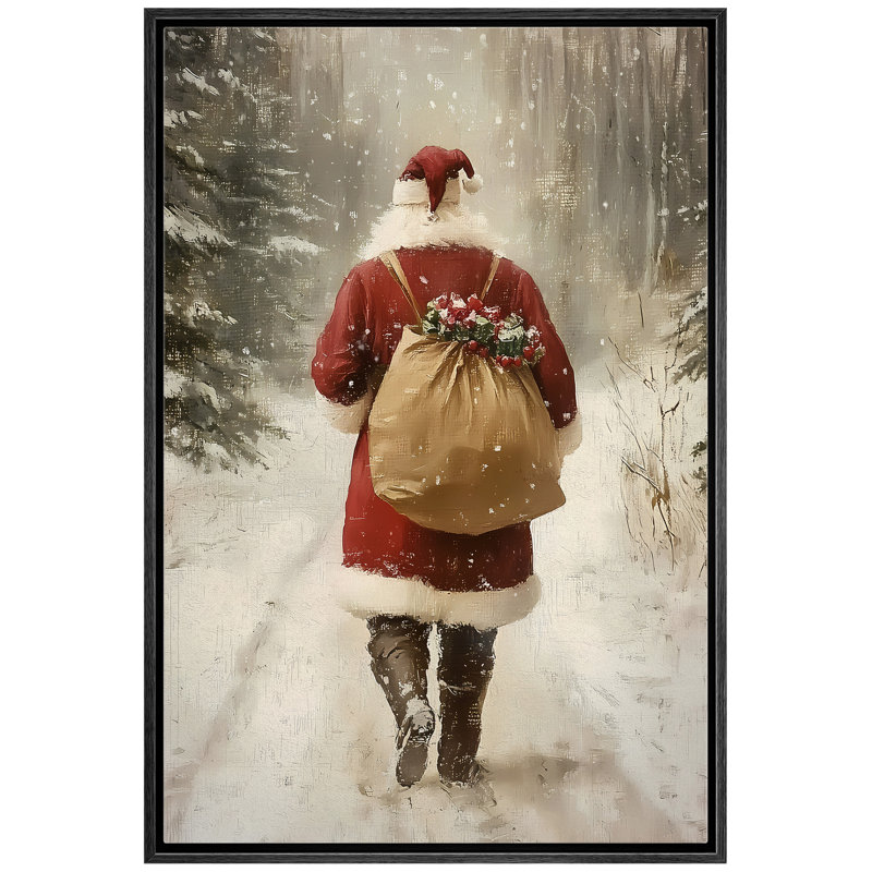 «Santa Claus Walking in Winter Road», impression sur toile, Cadre flottant noir, H 36 po x l 24 po