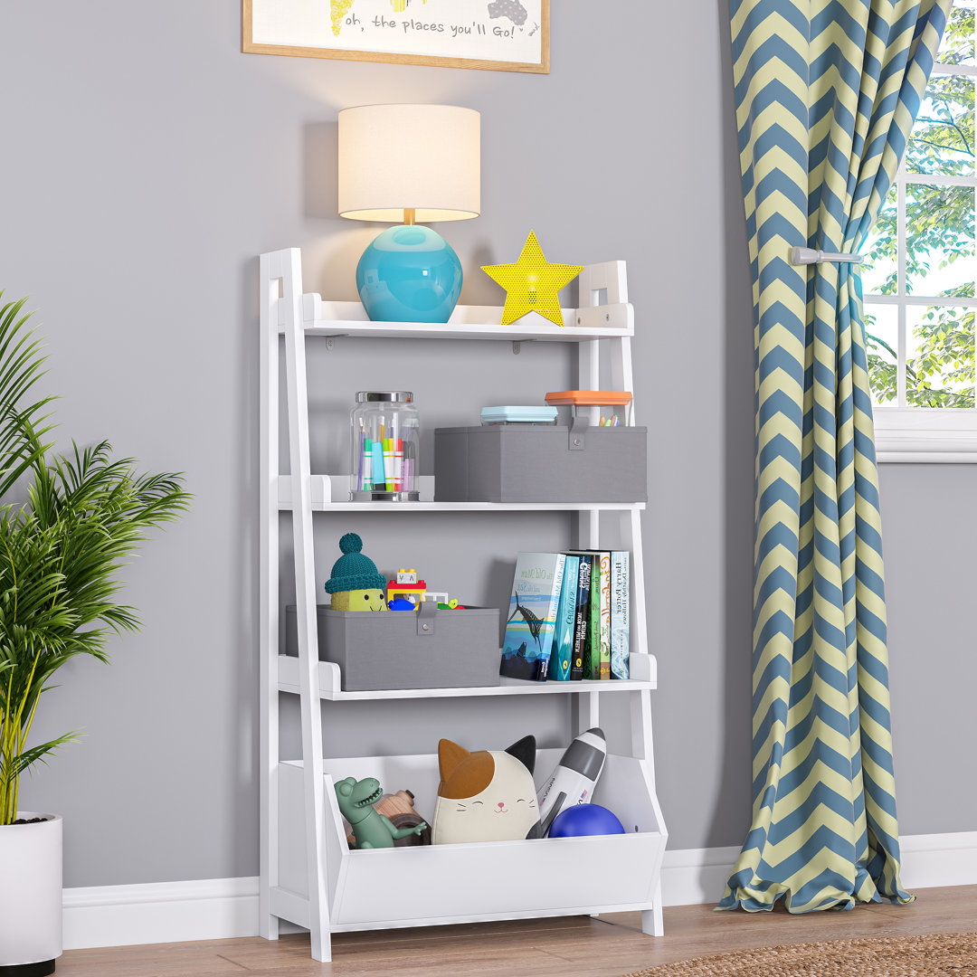 RiverRidge Kids 4-Tier 24in Ladder Shelf Toy Organizer and Book Storage with 3 Open Display Shelves- White with Two 5" Fabric Bins RiverRidge Home 