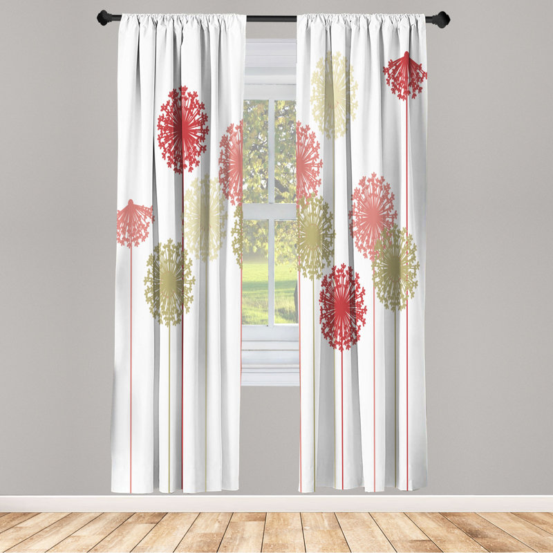 Microfiber Floral Semi-Sheer Rod Pocket Curtain Panels, 28" W x 84" L, White/Red/Tan
