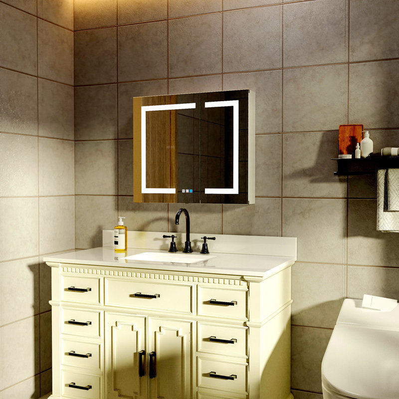 Pharmacie de salle de bain éclairée à DEL avec miroir, 30 po x 26 po, armoire à pharmacie encastrée ou à surface, désembuage, gradation continue, changement de température de couleur, 2 prises, tablettes de rangement