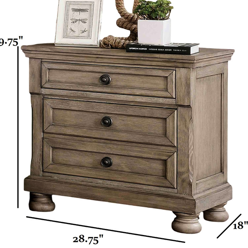 Table de chevet grise en bois massif de style transitionnel, 3 tiroirs cachés, pieds en chignon, profondeur de 27,9 po, largeur de 18 po, hauteur de 29,42 po pour une chambre sophistiquée