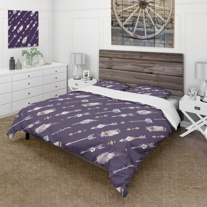Boho Tribal Feathers and Flower Arrows I - Ensemble de housse de couette bohémien - Microfibre de polyester