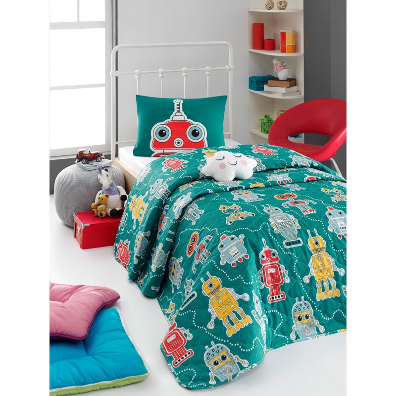 Ensemble de couvre-lit 100% coton vert / jaune / rouge Roseanne, Couvre-lit 61 po x 79 po
