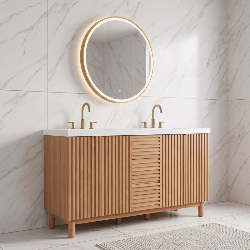 Meuble-lavabo moderne avec tablettes réglables, charnières à fermeture en douceur, double lavabo en résine SMC et tiroir divisé