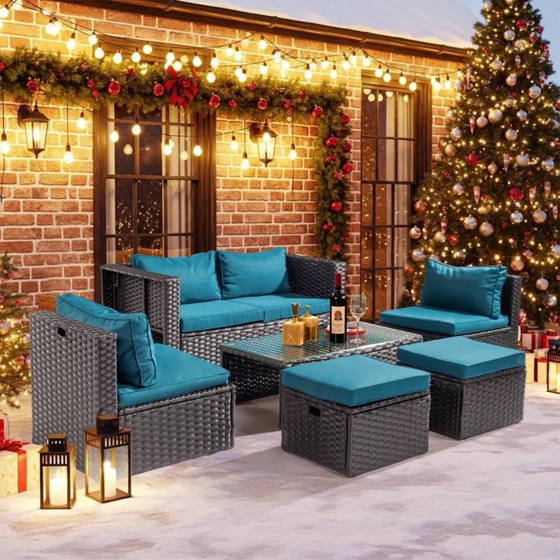 Patio 6-Piece Black Wicker Conversation Set With Malachite Green Cushions, Black, Malachite Green