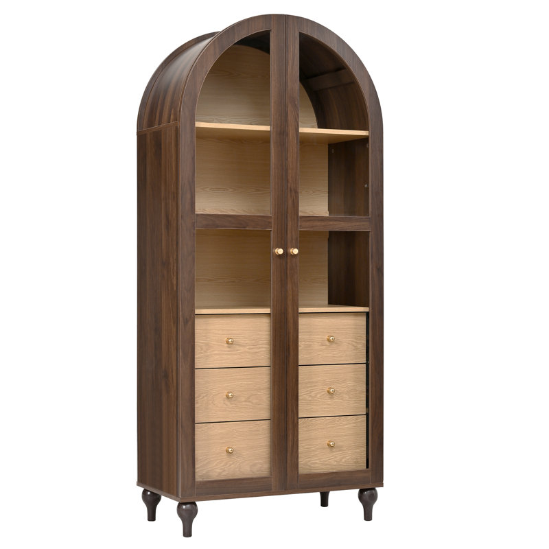 Ansley 69" Tall Arched Kitchen Pantry Cabinet with Adjustable Shelves, Drawers & Tempered Glass Doors