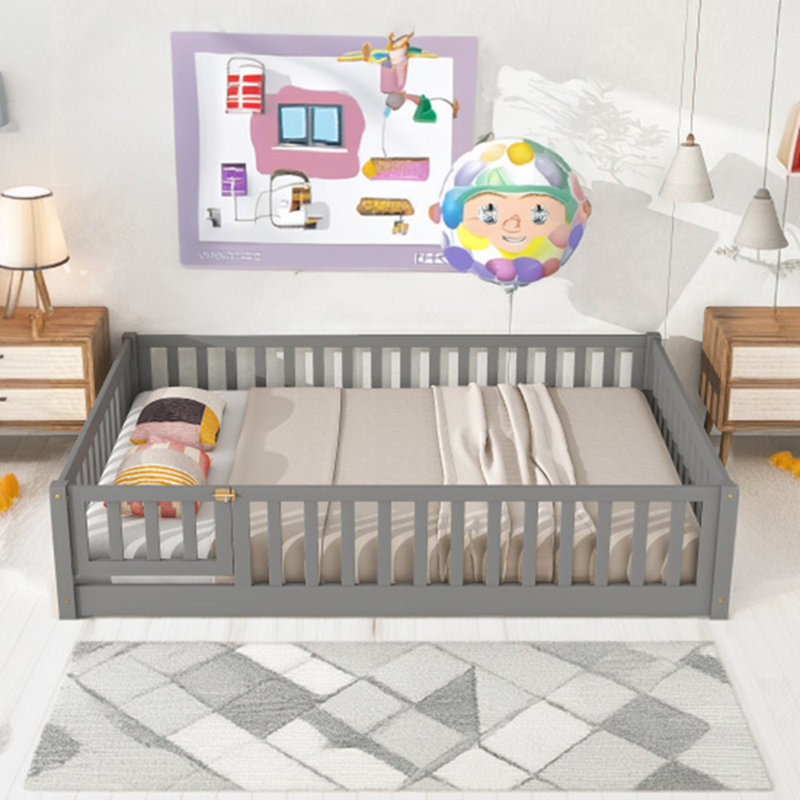 Lit plateforme au sol avec garde-corps et porte, Double, Gris
