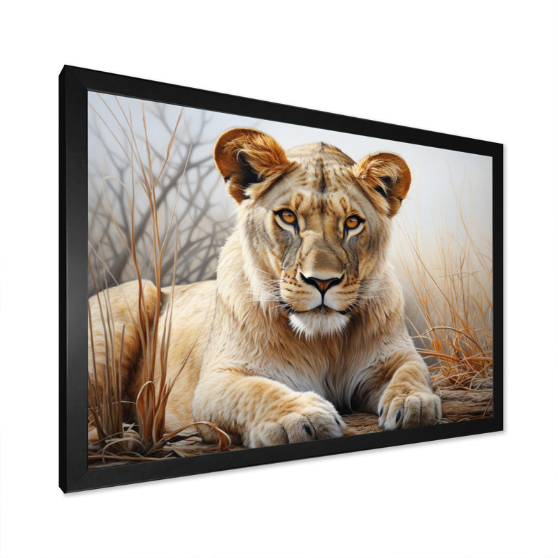 Lionne d'Afrique, puissance I - art mural africain pour le salon, H 24 po x l 32 po x P 1 po, Cadre simple noir
