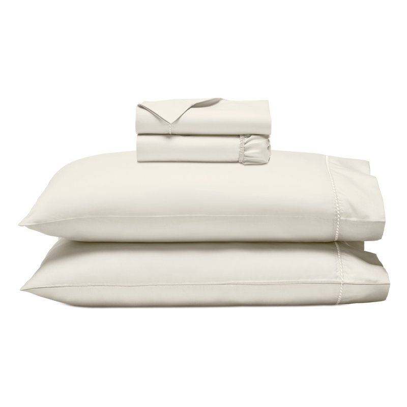 Ensemble de draps en coton mélangé à ourlet brodé 600 fils imperia, Ensemble de draps pour très grand lit avec 2 taie, Ivoire