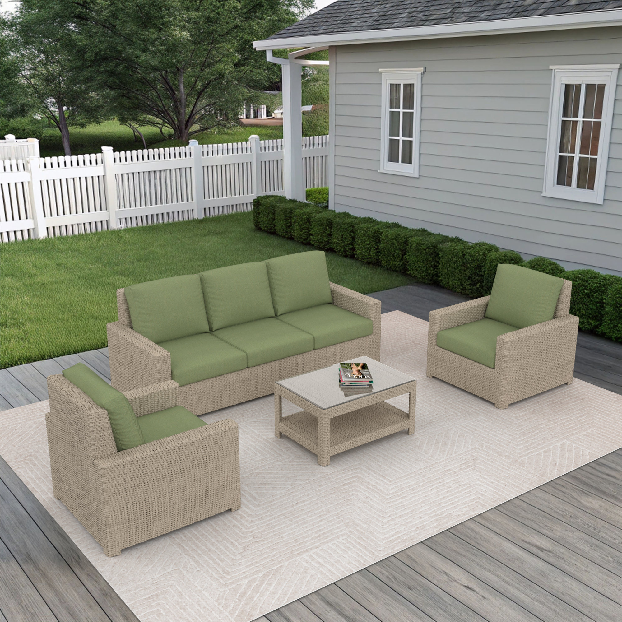 Outdoor Patio Sofa Conversation Set With Sunbrella Cushions, Canvas Fern