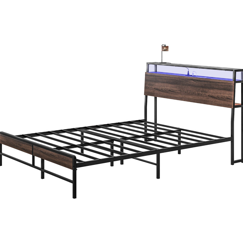 Grand lit plateforme, tête de lit avec lumières à DEL et rangement pratique pour la station de charge, 3 tablettes, assemblage facile en acier, tête de lit en noyer, fonctionnalité du cadre, construction, à construire,