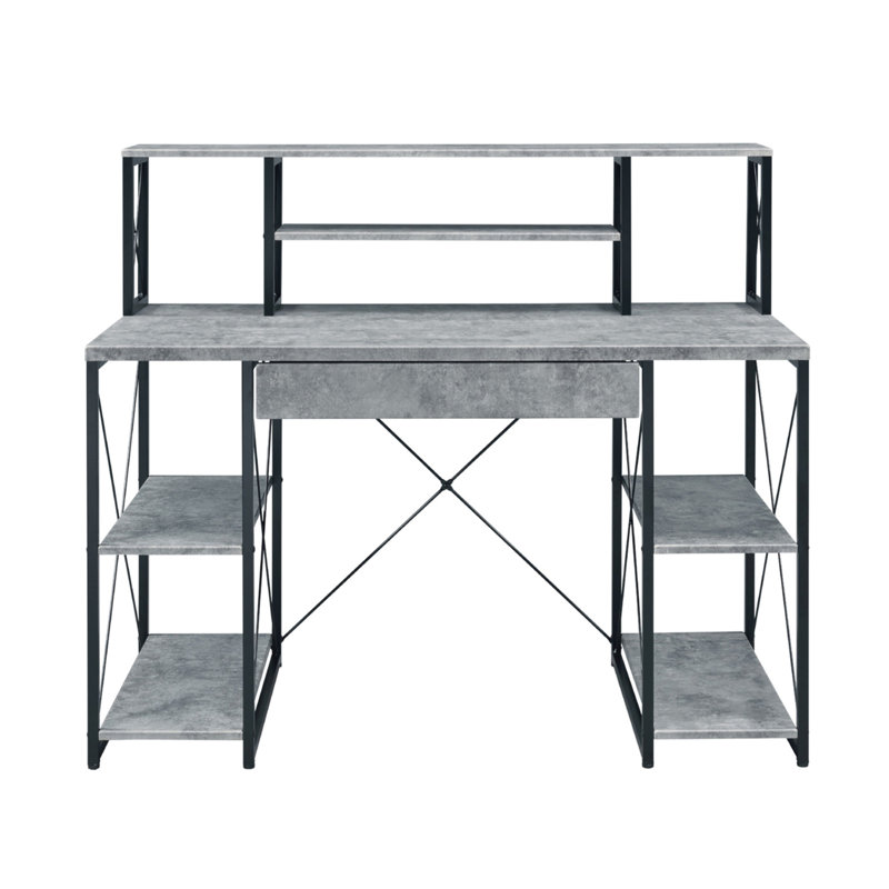 Writing Desk With One Drawer And 8 Open Compartment, Faux Concrete And Black, Black/Gray