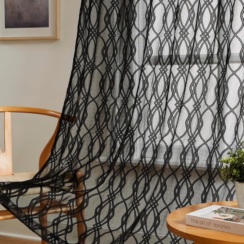 Roselius Polyester Blend Sheer Curtain Pair, Black, 54" W x 84" L