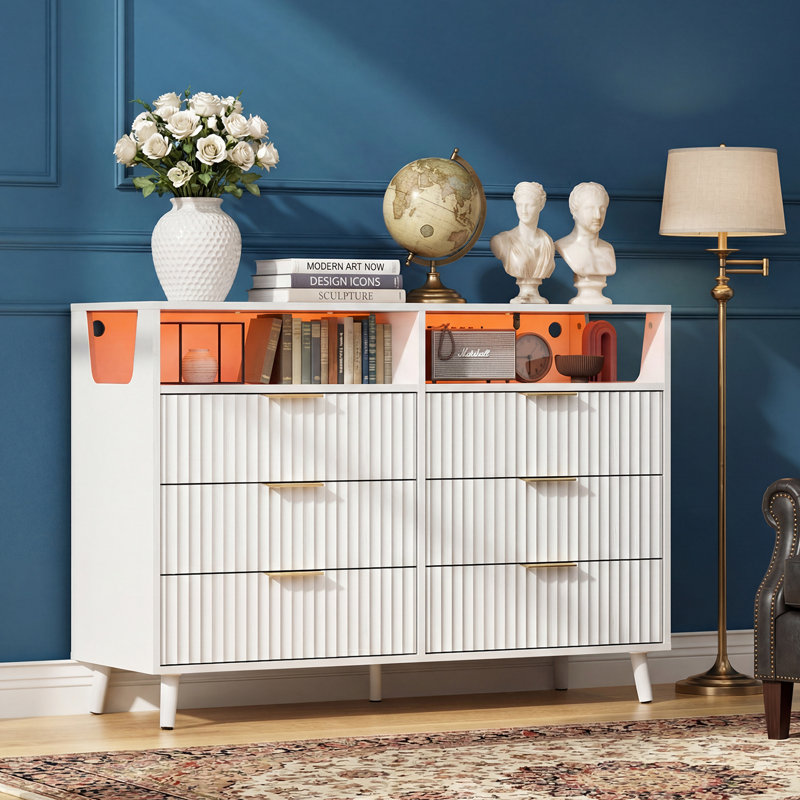 6 Drawer Cabinet With Fluted Panel RGB LED Light 47 Inch W, White