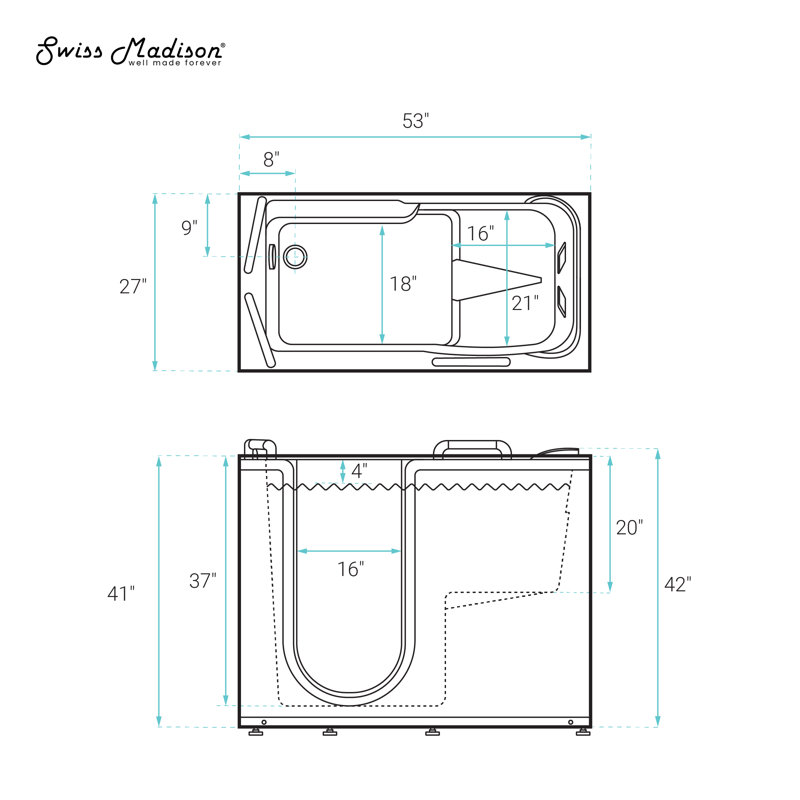 Auvergne 53" X 27" ADA Drain Walk-In Soaking Bathtub In Glossy White, Faucet Set, Drain, Grab Bars, Pillow Included, Left