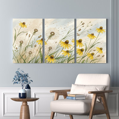 Ensemble de 3 tableaux muraux sur toile à motifs floraux de pissenlits et d'échinacées, pour la décoration du salon et de la chambre.