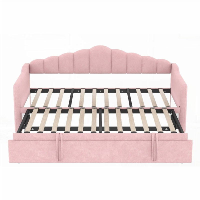 Upholstered Twin Size Daybed with Adjustable Trundle &amp; Charging Ports, No Box Spring Needed, Sturdy Frame, Pink