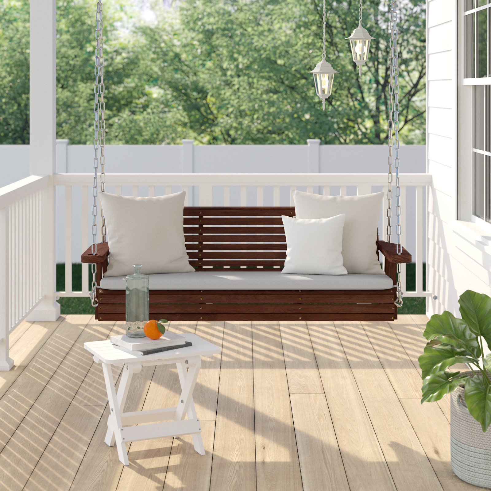 Lark Manor 5FT 3person Wood Outdoor Porch Swing With Grey Cushion