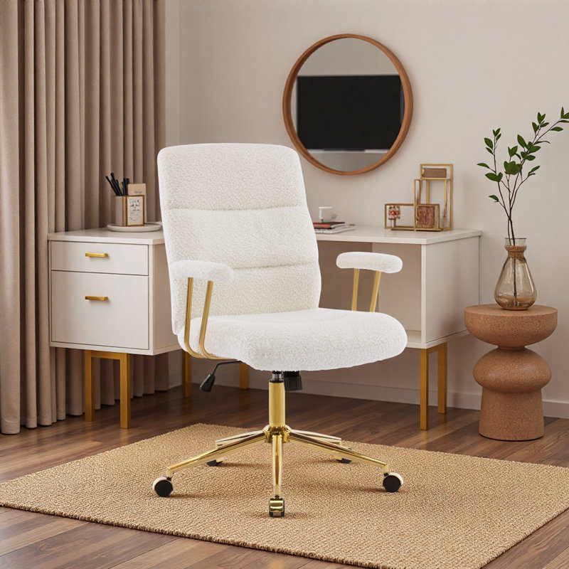 Textured Boucle Fabric Office Chair, Modern Height Adjustable Desk Chair With Padded Arms, White