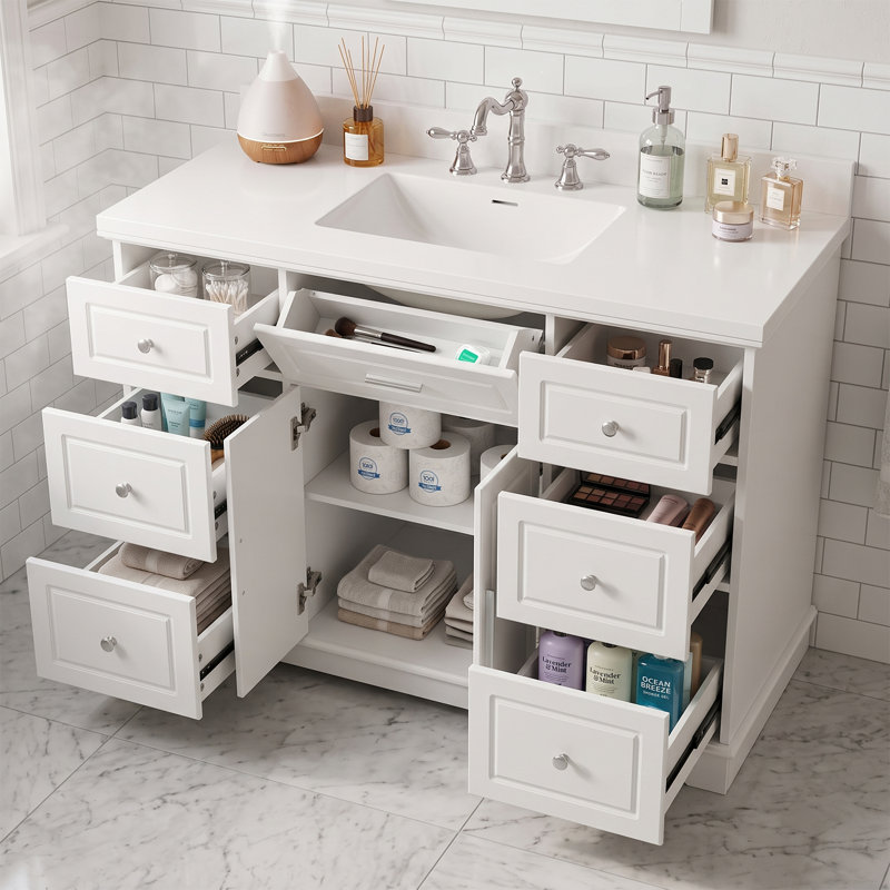 Meuble-lavabo simple de 122 cm (48 po) avec lavabo et dosseret intégrés en surface solide, armoire de rangement à 7 tiroirs, portes à fermeture amortie, style traditionnel autoportant, assemblage requis