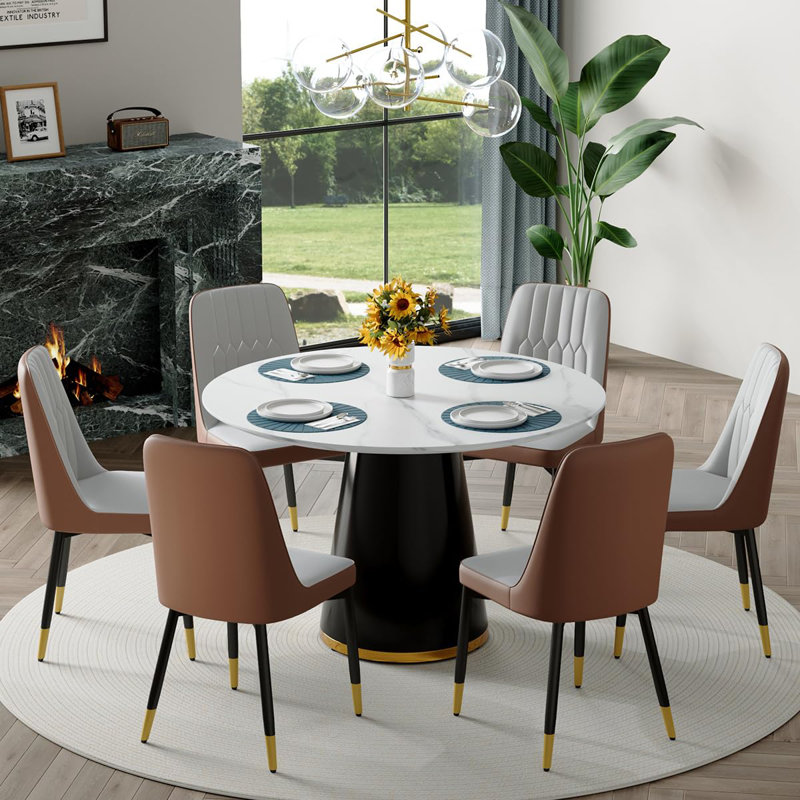 Marble Look Dining Room Table Set With Chairs – Elegant, Durable, Easy To Maintain, Brown/Gray, 7 Pieces: Table, 6 Chairs