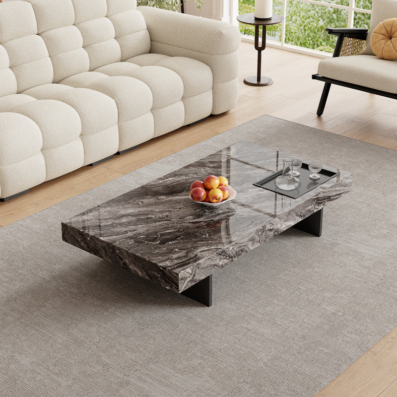 Table basse moderne 51 po, plateau de table en faux marbre brillant, pieds en acier inoxydable, Plateau gris/ base noire