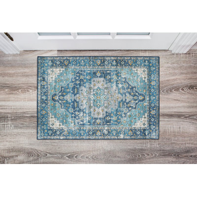 Tapis bleu sarcelle et ivoire lavable tissé à la machine