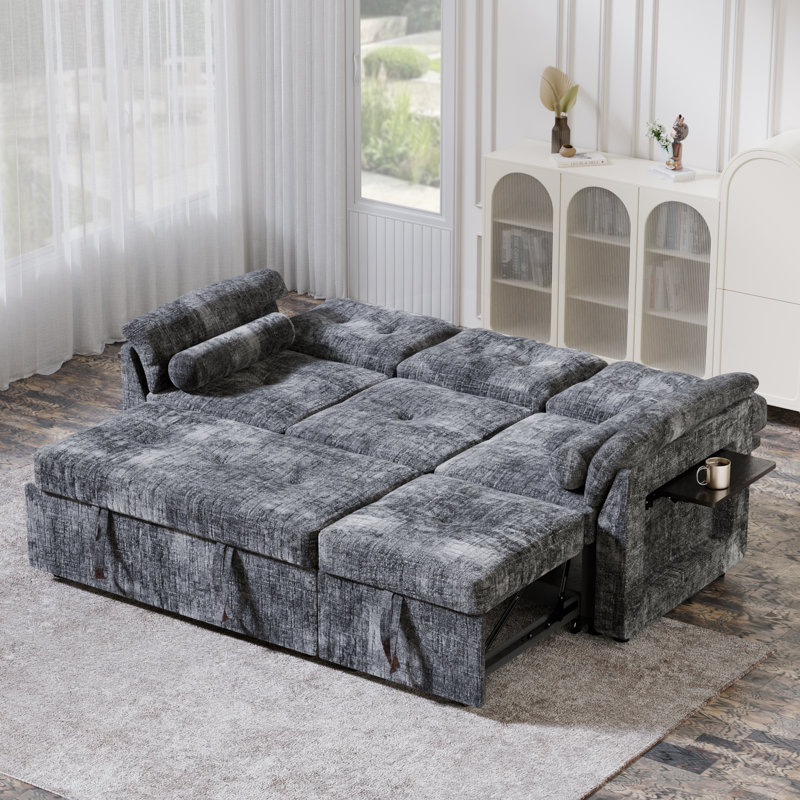 80.31" Modern Pull-Out Sofa Bed with Fold-Down Backrest, Built-In Side Table, Convertible Sleeper Couch with Tufted Cushions