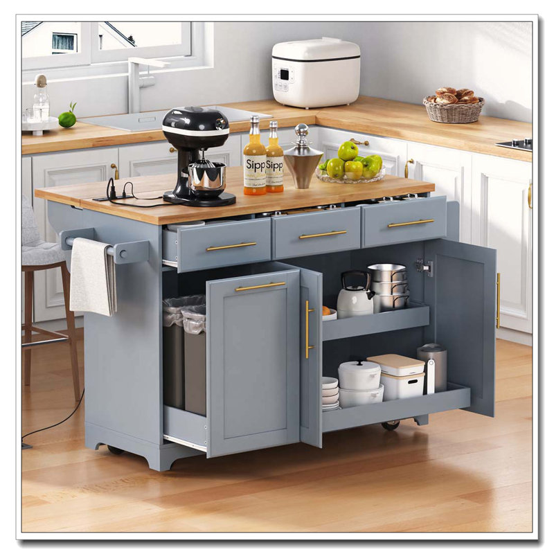 59.3" Kitchen Island with 2 Pull-Out Organizers & Trash Cabinet, Gray/Blue