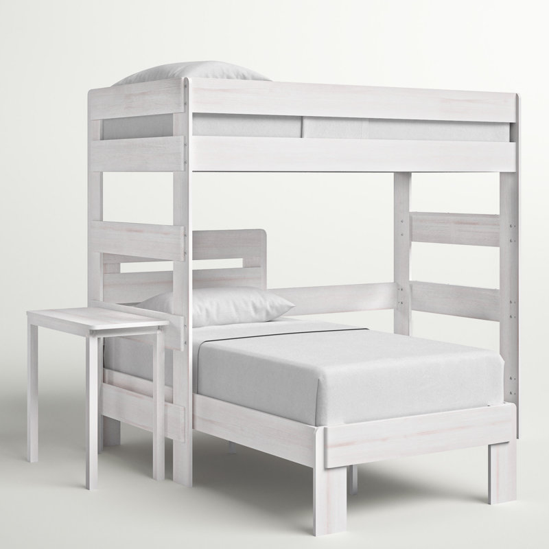  Lit superposé en L en bois massif avec bureau Doyle, Blanc délavé, Simple