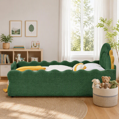 Full Size Cute Dinosaur-Shaped Bed with Safety Guardraild, Solid Wood  Bed Frame for Bedroom, Boucle Fabric