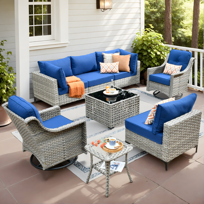High Quality Pe Rattan Outdoor Sofa With Coffee Table And Rocking Chair 8-Piece Set, Navy