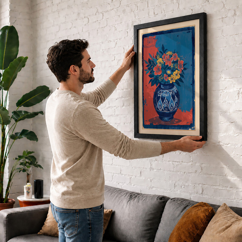 Floral Vase In Blue Art Deco - Print, Walnut, A4 - 29.7 x 21.0 cm