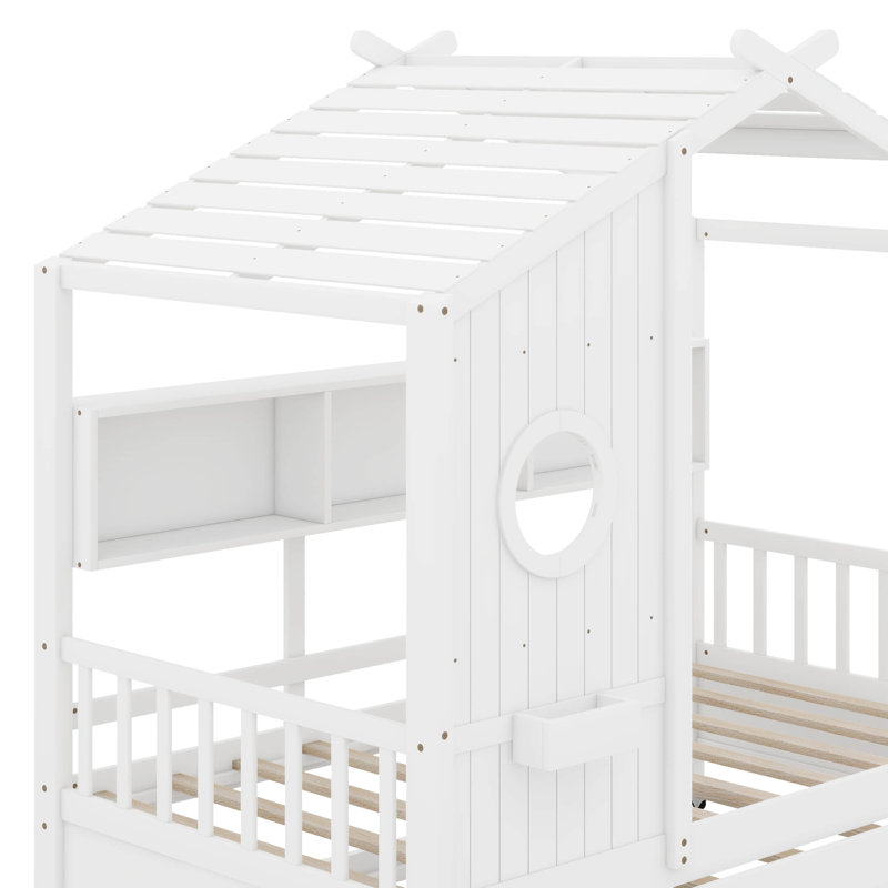 Lit avec lit gigogne Asahn, Lit simple, Blanc