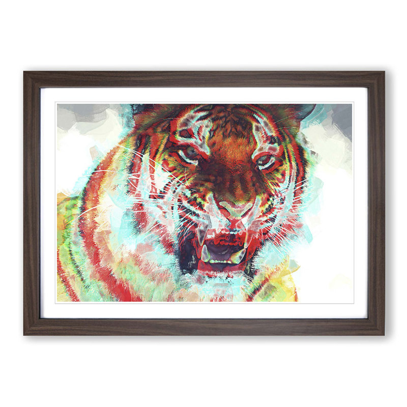 Roaring Tiger in Abstract - Picture Frame Painting Print, 35cm H x 50cm W x 2cm D, Walnut
