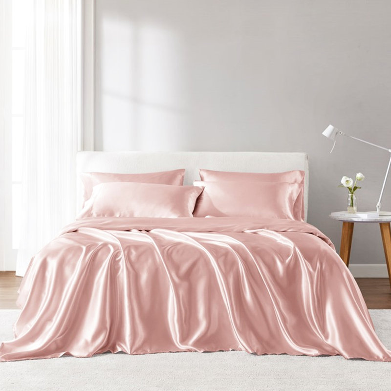 Twin Blush Satin Sheet - 4 Pcs, Luxury, Wrinkle , Gentle On Hair, Fits 16" Mattresses, , 1 Flat Sheet, Fitted Pillowcases Piece Smooth Texture, Tame Frizz While Sleeping,
