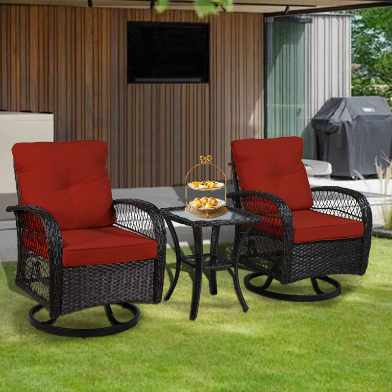 3 Pieces Outdoor Swivel Rocker Patio Chairs with Cushions，Outdoor Swivel Rocking Chairs Set of 2 with Rattan Side Table，360 Degree Swivel Seat Patio Furniture Set for Outside