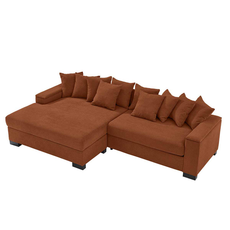 Canapé modulaire en velours côtelé 111 po avec méridienne 111 po, Brun-roux