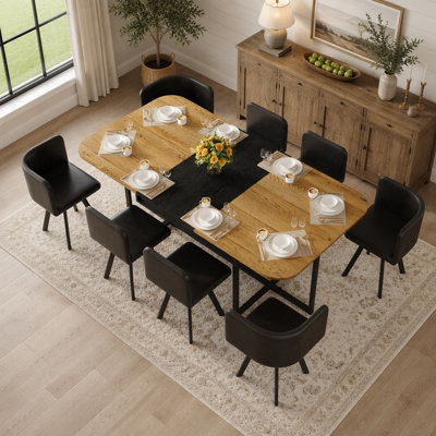 Ensemble de table de salle à manger 9 pièces carrée avec plateau en bois fixe bicolore et plateau en triamine noire et 8 chaises en similicuir, idéal pour les réunions de famille et les cuisines modernes