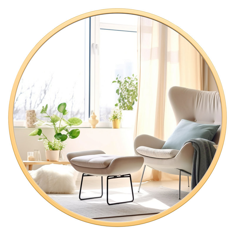 Modern Wall-Mounted Metal Framed Round Mirror, Gold, 18" x 18"