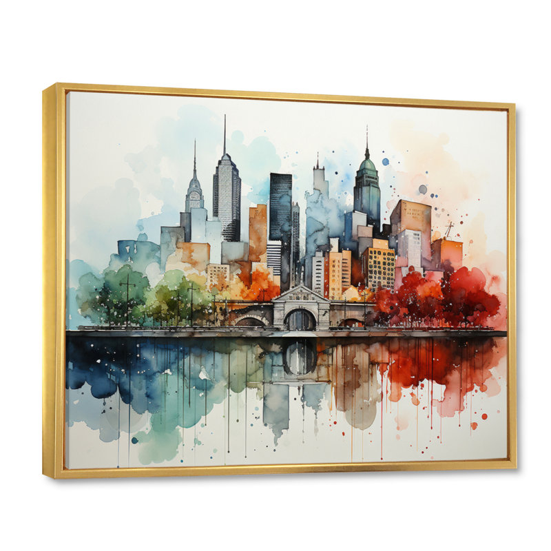 Colourful Nyc Cityscape Watercolor I - New York City Canvas Prints, H 12 po x l 20 po x P 1 po, Cadre flottant doré